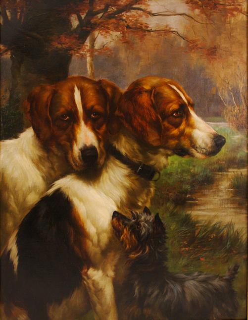 Click to see full size: Oil on canvas of two Red and White Irish Setters with a Yorkshire Terrier by James Yates Carrington (English, 1857-1892).