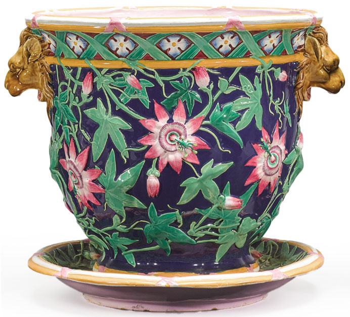Click to see full size: 19th century English, Minton Majolica lotus and lion jardiniere
